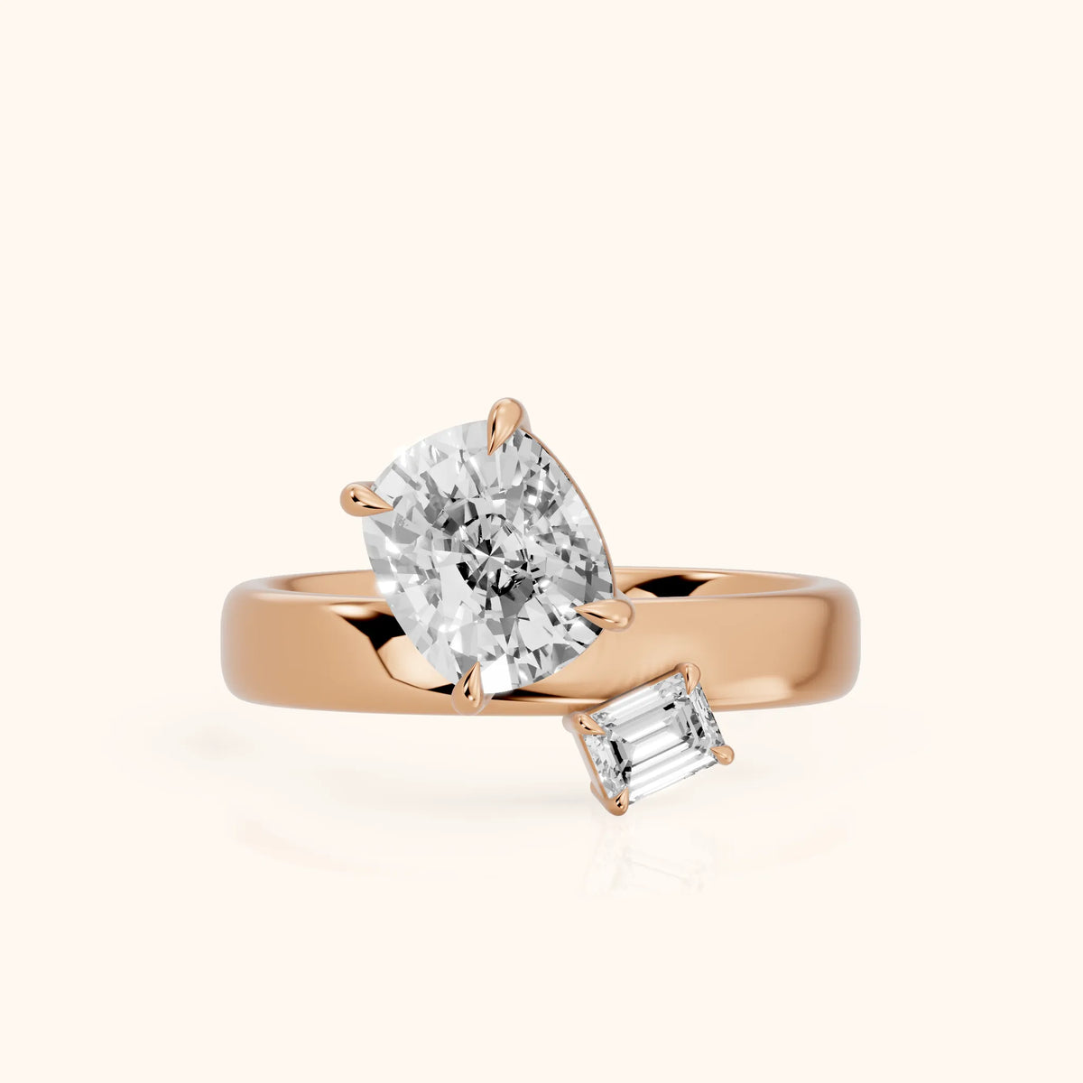 Sabrina Two-Stone Cushion & Emerald Diamond Engagement Ring in Rose Gold - FrontView.webp