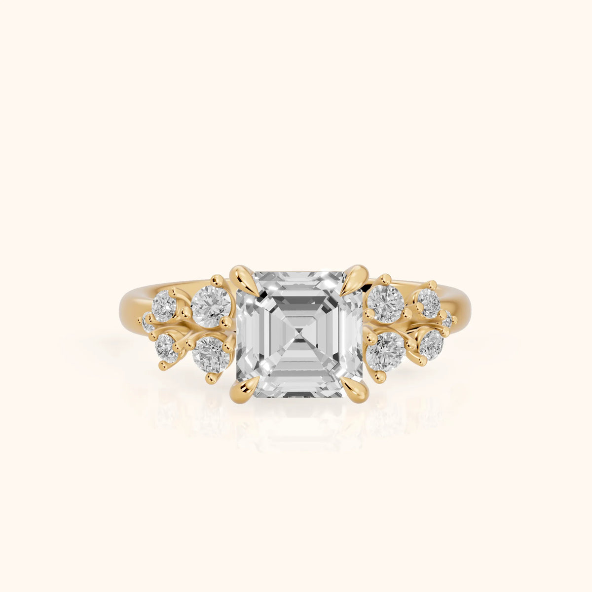 Mirabelle Cluster Asscher Diamond Engagement Ring in Yellow Gold - FrontView.webp
