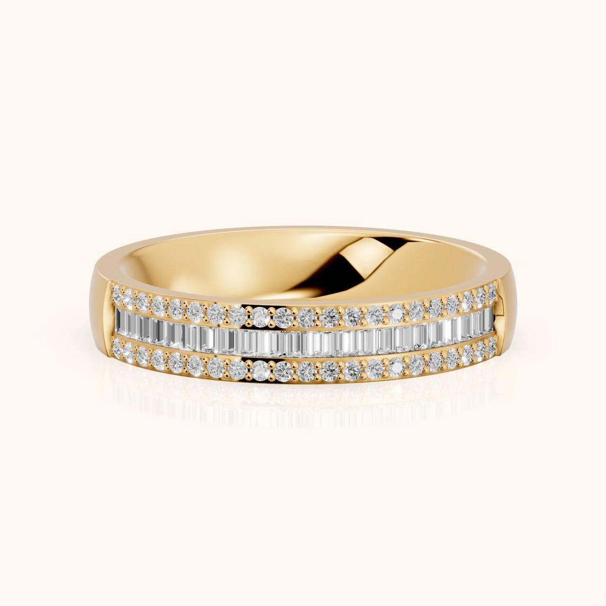 Zuri Channel Set Baguette & Round Diamond Anniversary Ring in Yellow Gold - FrontView