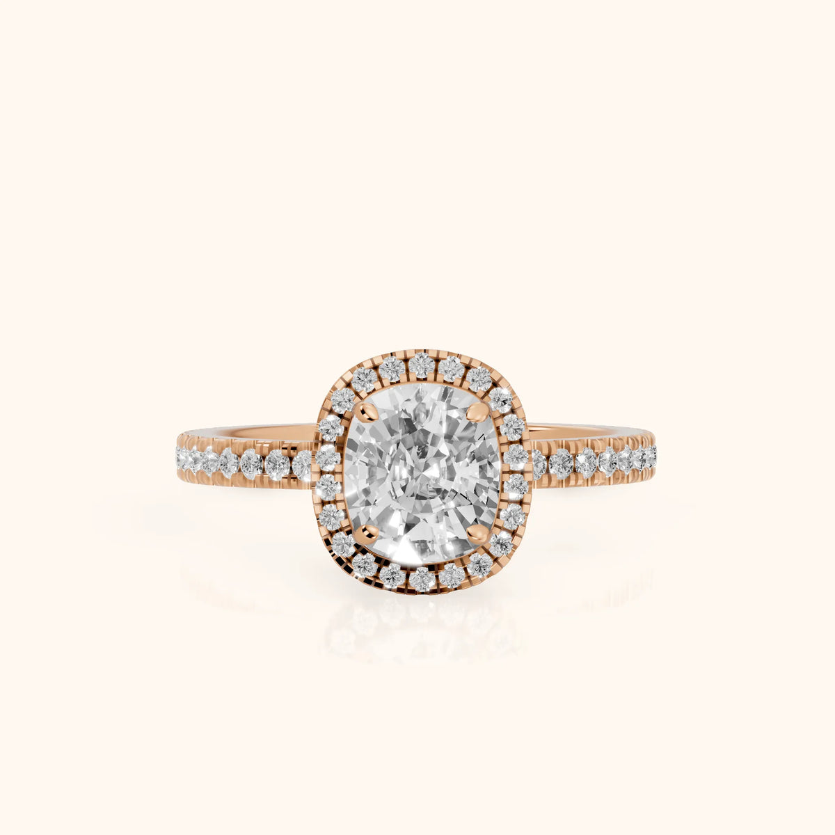 Rosemary Halo Pavé Cushion Diamond Engagement Ring in Rose Gold - FrontView.webp