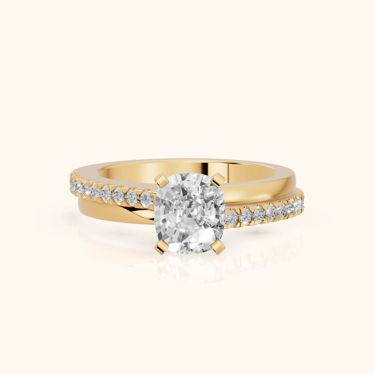 Edith Criss Cross Pavé Cushion Diamond Engagement Ring in Yellow Gold - FrontView.webp