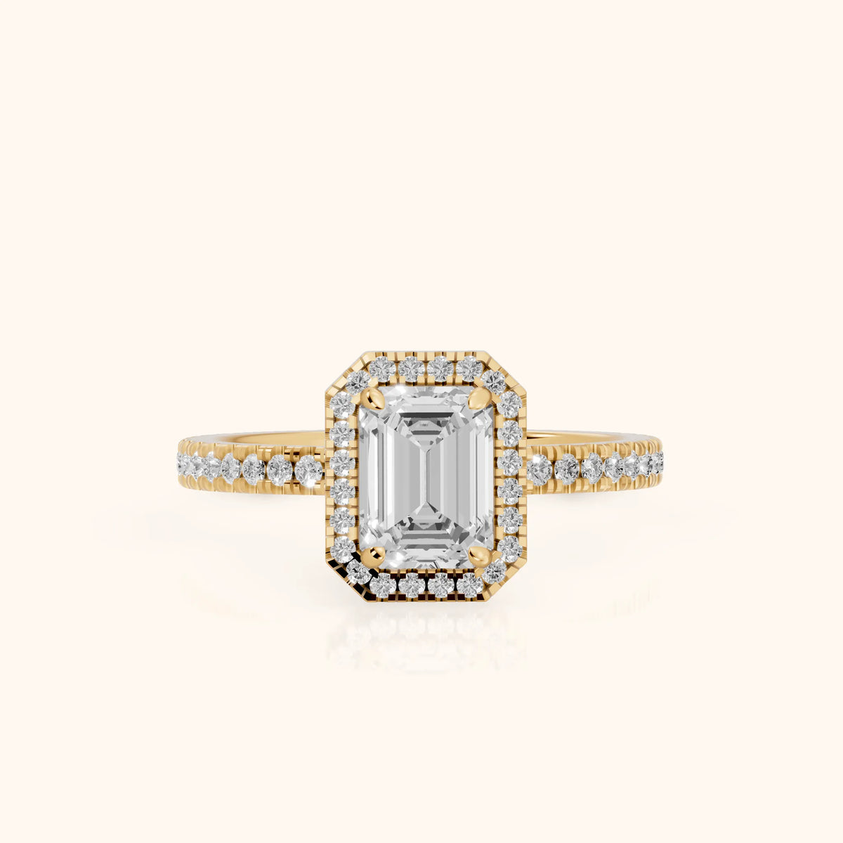 Rosemary Halo Pavé Emerald Diamond Engagement Ring in Yellow Gold - FrontView.webp