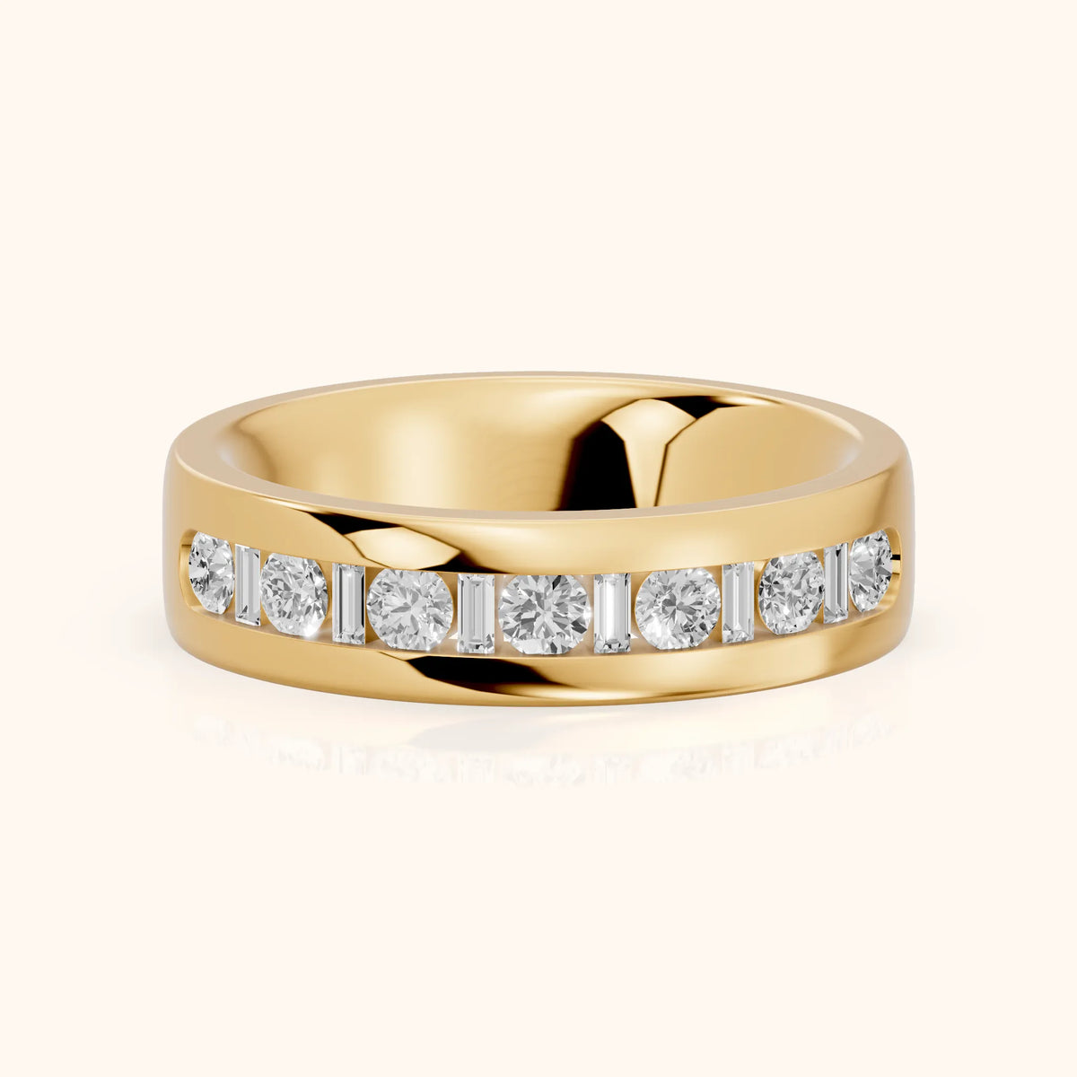 Lydia Channel Set Round & Baguette Diamond Half Eternity Band in Yellow Gold - FrontView