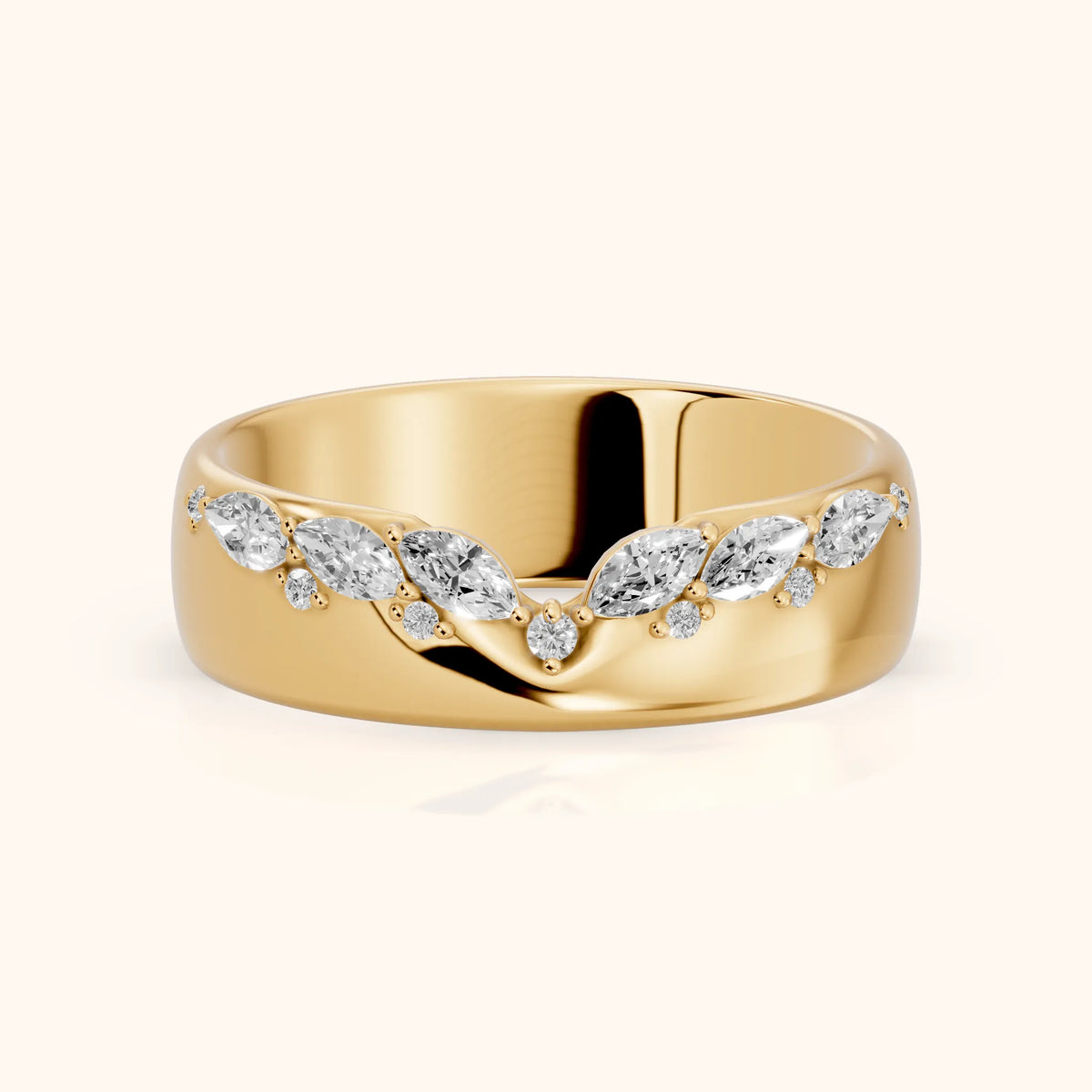 Ambika Dome Marquise & Round Diamond Wedding Band in Yellow Gold - FrontView
