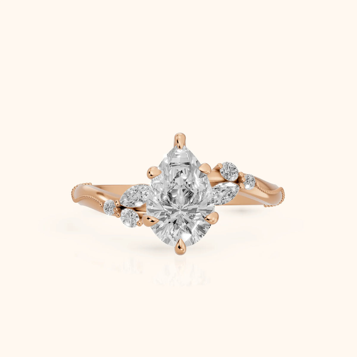 Joanna Milgrain Twist Pear Diamond Engagement Ring in Rose Gold - FrontView.webp