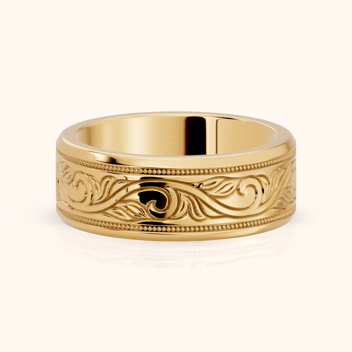Navya Carved Milgrain Wedding Band in Yellow Gold - FrontView