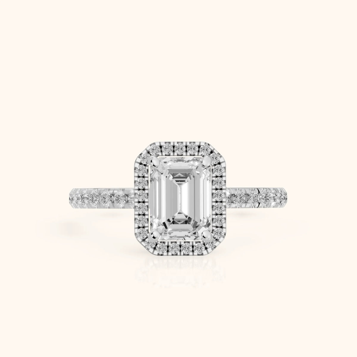 Mabel Halo French Pavé Emerald Diamond Engagement Ring in Silver - FrontView.webp