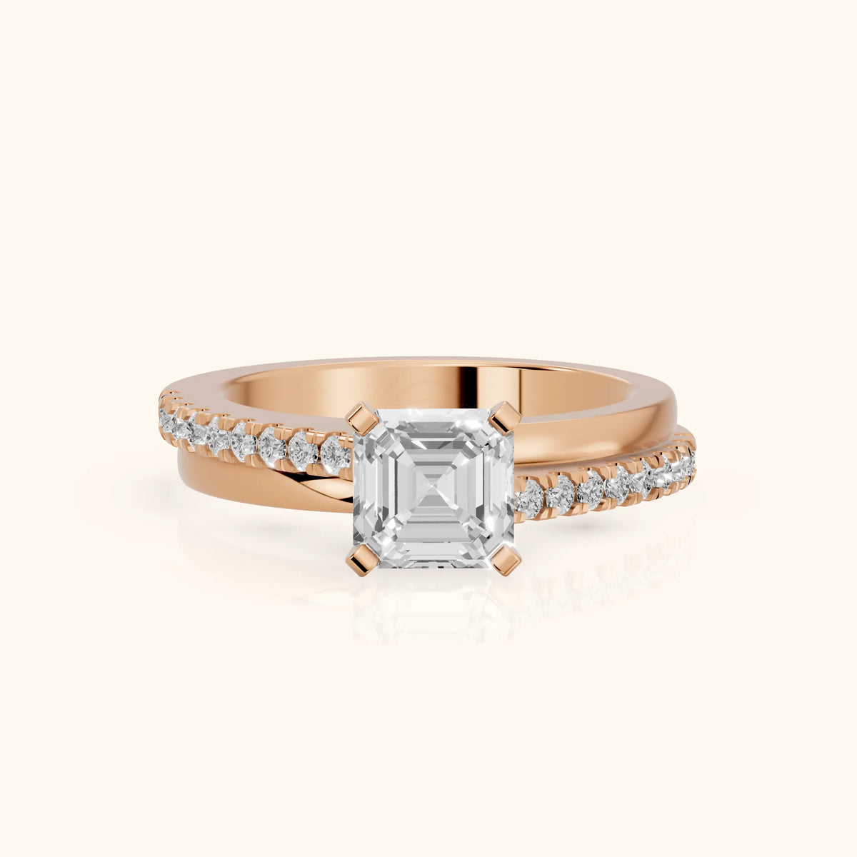 Edith Criss Cross Pavé Asscher Diamond Engagement Ring in Rose Gold - FrontView.webp