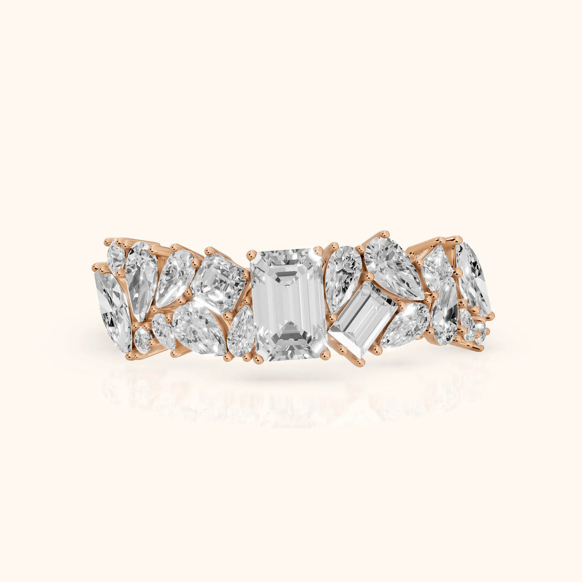 Isha Cluster Emerald & Pear Diamond Anniversary Ring in Rose Gold - FrontView