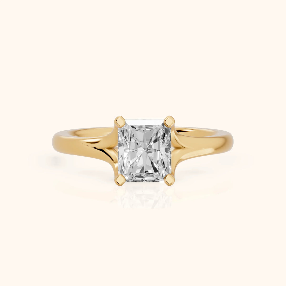 Nell Split Shank Solitaire Radiant Diamond Engagement Ring in Yellow Gold - FrontView.webp
