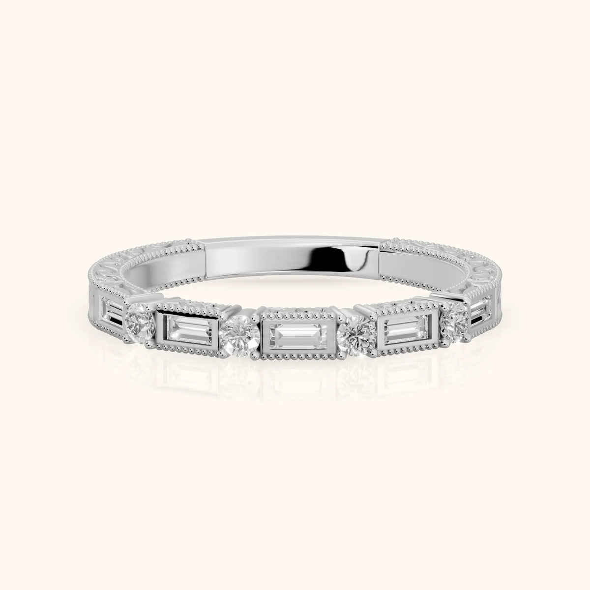 Kyla Milgrain Bezel Baguette & Round Diamond Half Eternity Band in White Gold - FrontView