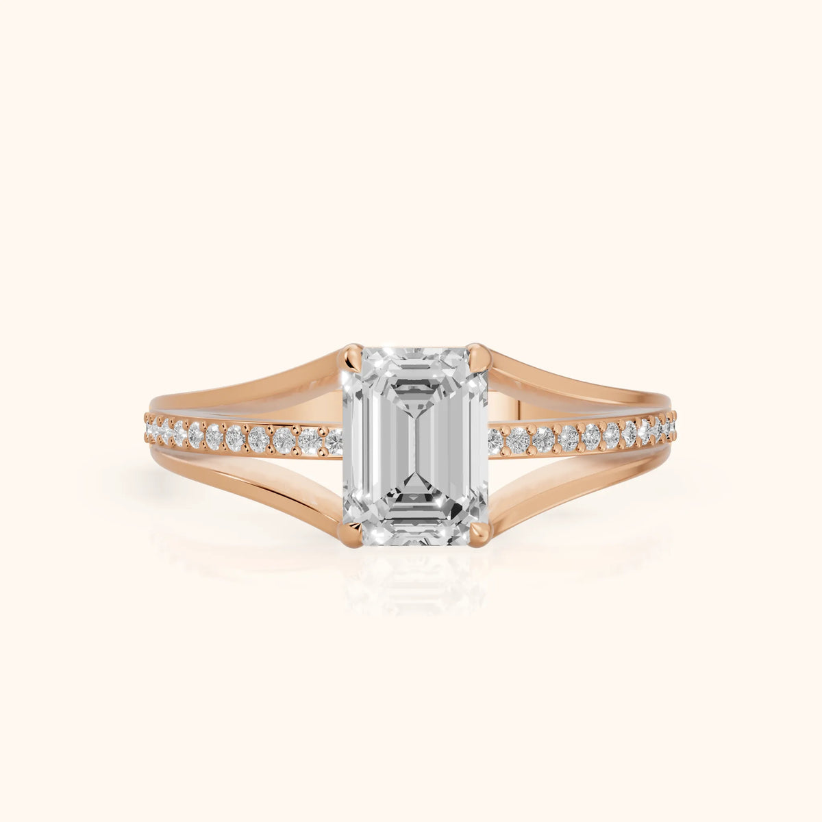 Lucinda Split Shank Emerald Diamond Engagement Ring in Rose Gold - FrontView.webp