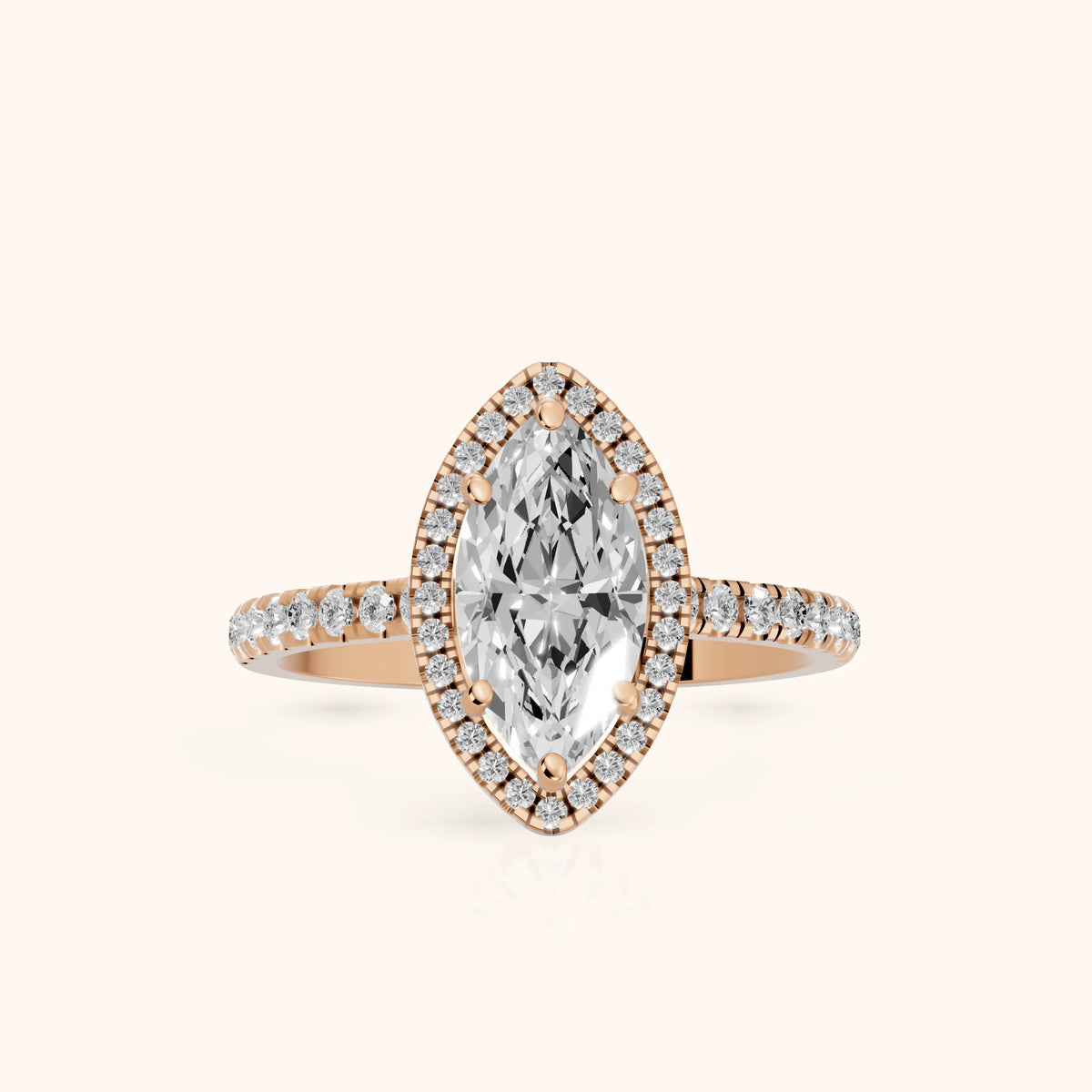 Mabel Halo French Pavé Marquise Diamond Engagement Ring in Rose Gold - FrontView.webp