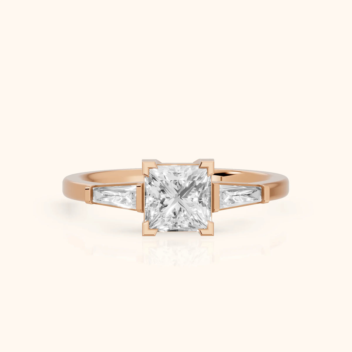 Winnie Three-Stone Princess Diamond Engagement Ring in Rose Gold - FrontView.webp