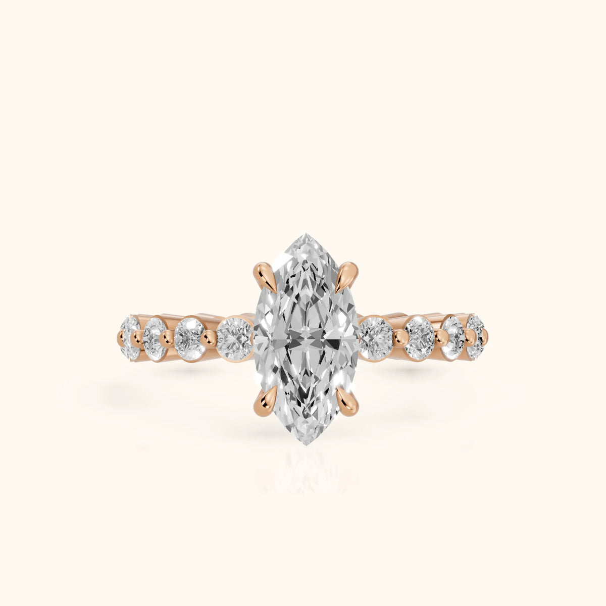 Piper Sidestone Marquise Diamond Engagement Ring in Rose Gold - FrontView.webp