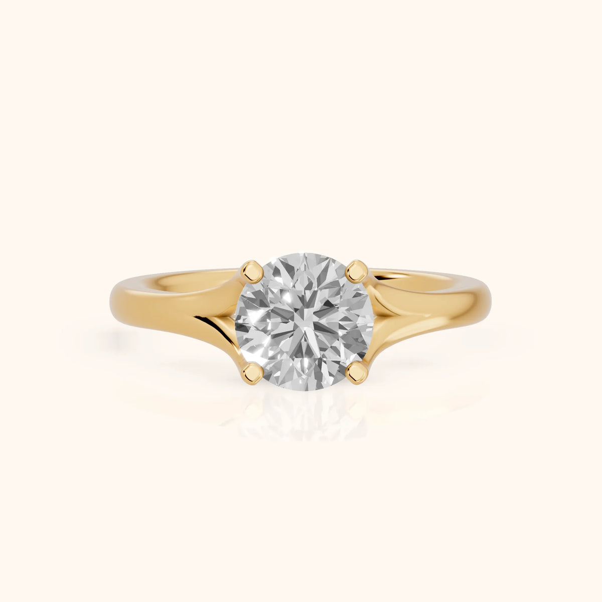 Nell Split Shank Solitaire Round Diamond Engagement Ring in Yellow Gold - FrontView.webp