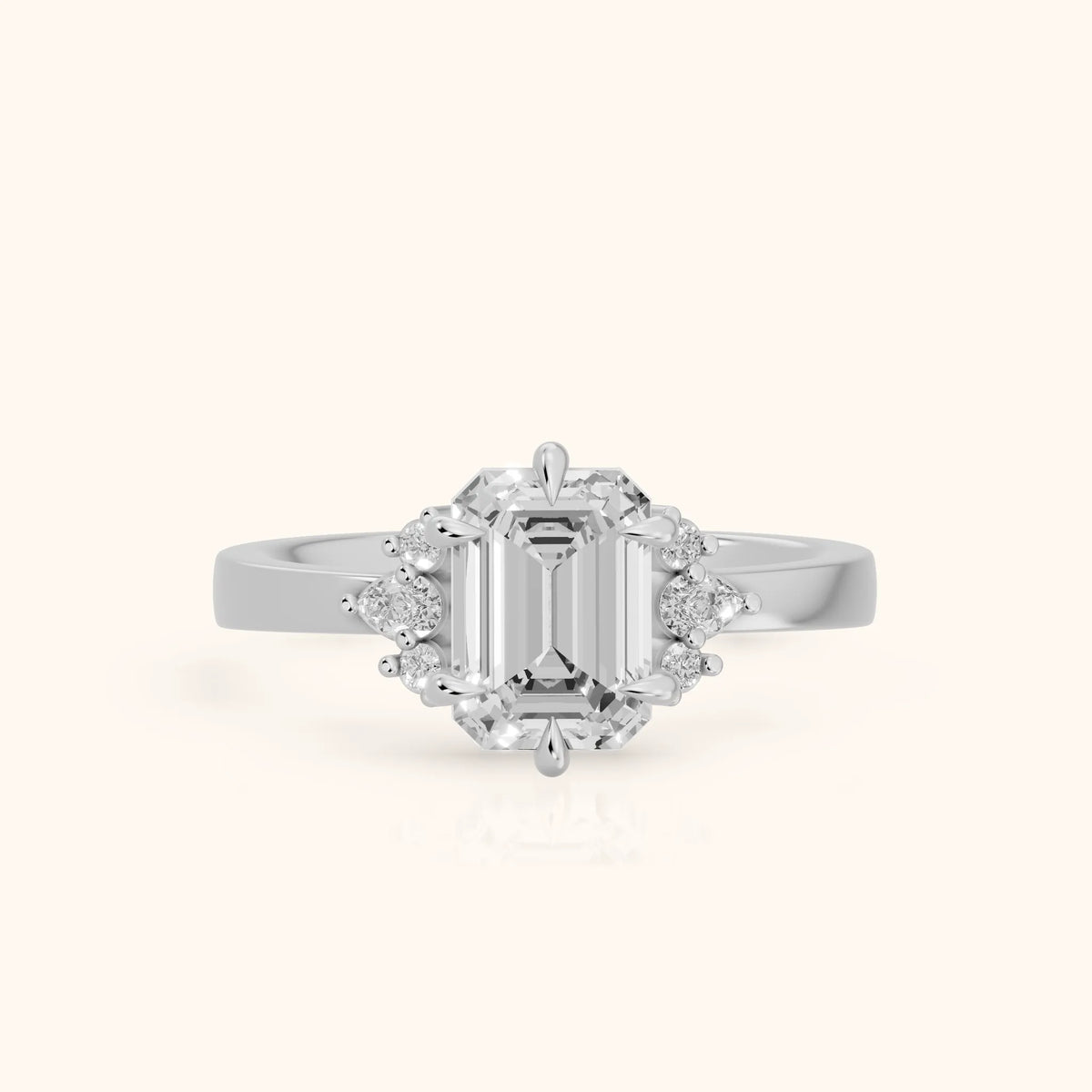 Josie Sidestone Emerald Diamond Engagement Ring in Silver - FrontView.webp