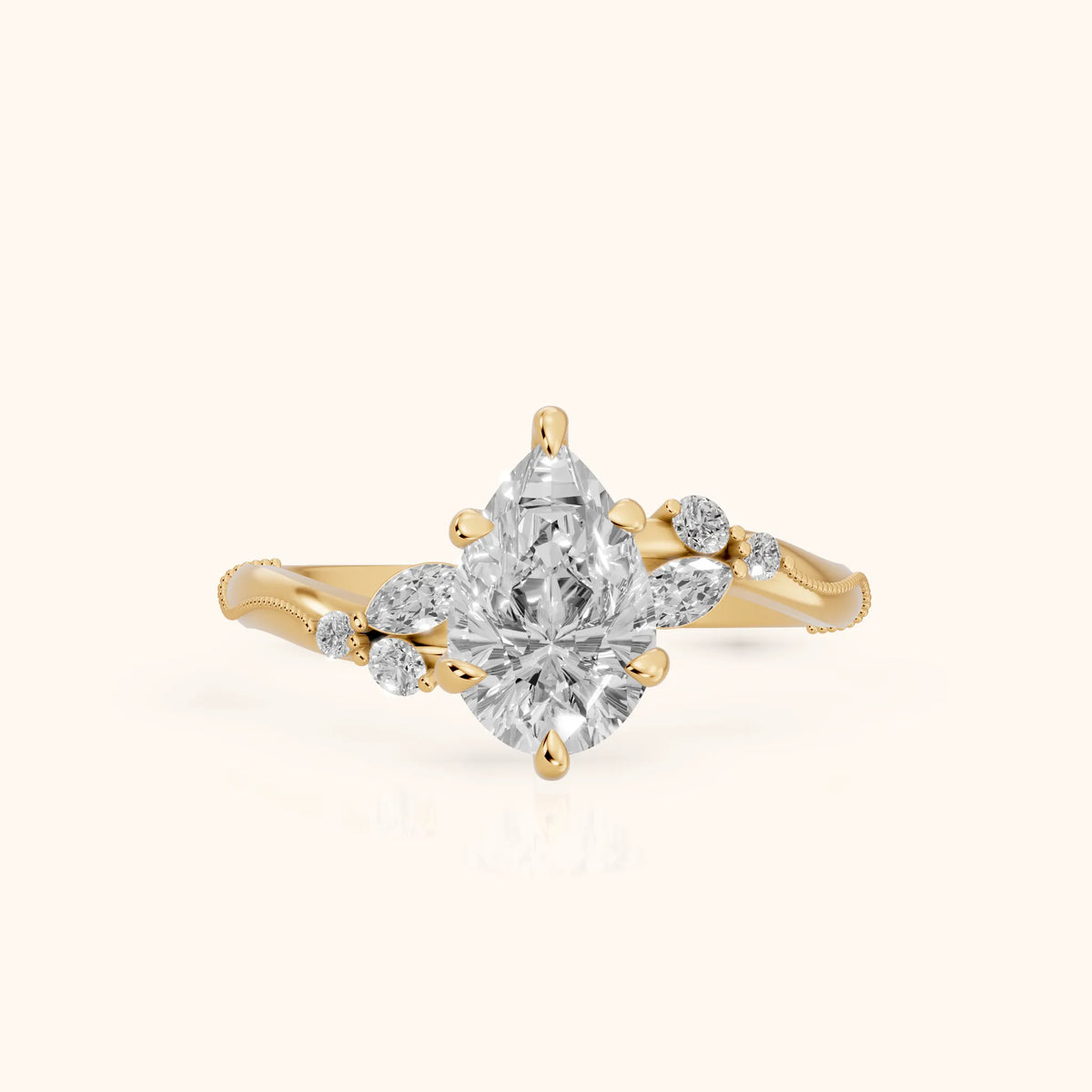 Joanna Milgrain Twist Pear Diamond Engagement Ring in Yellow Gold - FrontView.webp