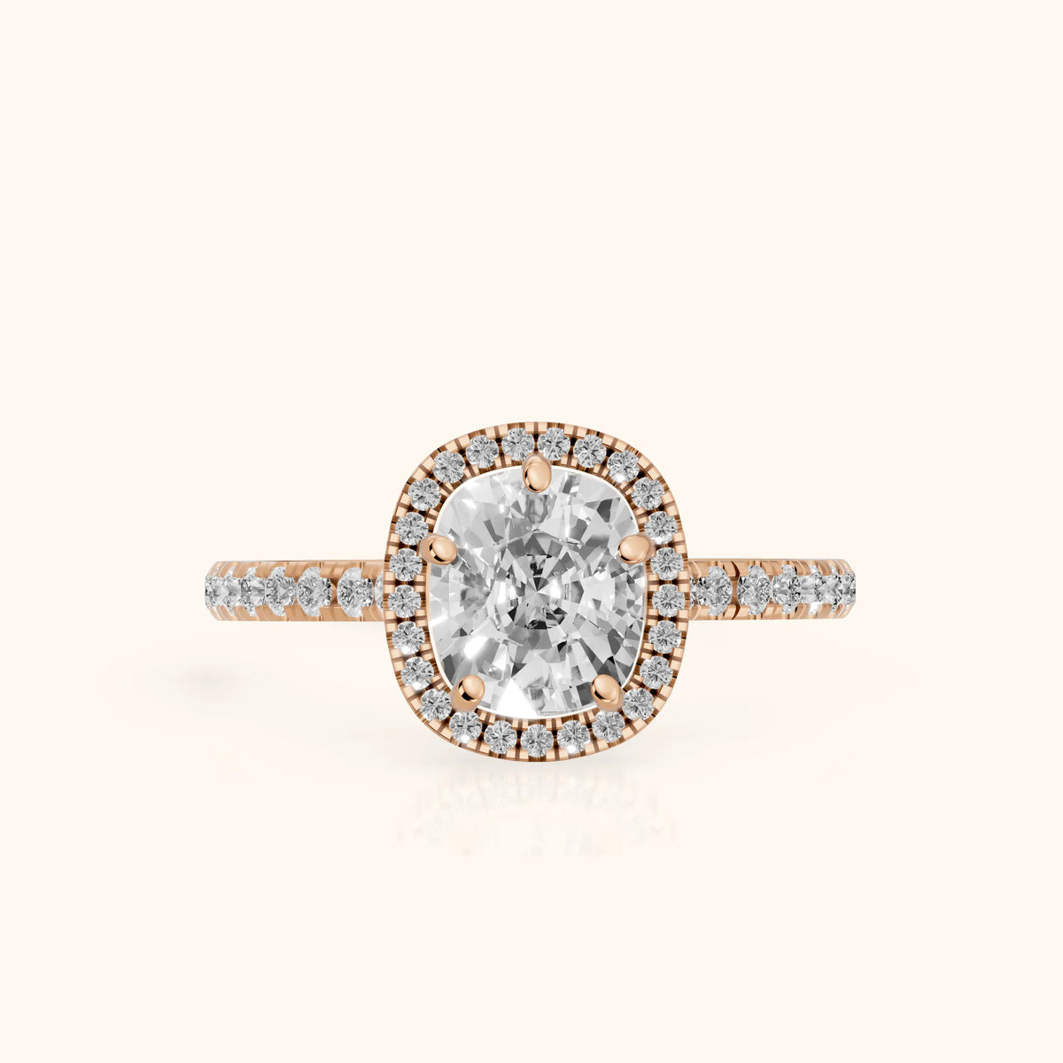 Mabel Halo French Pavé Cushion Diamond Engagement Ring in Rose Gold - FrontView.webp