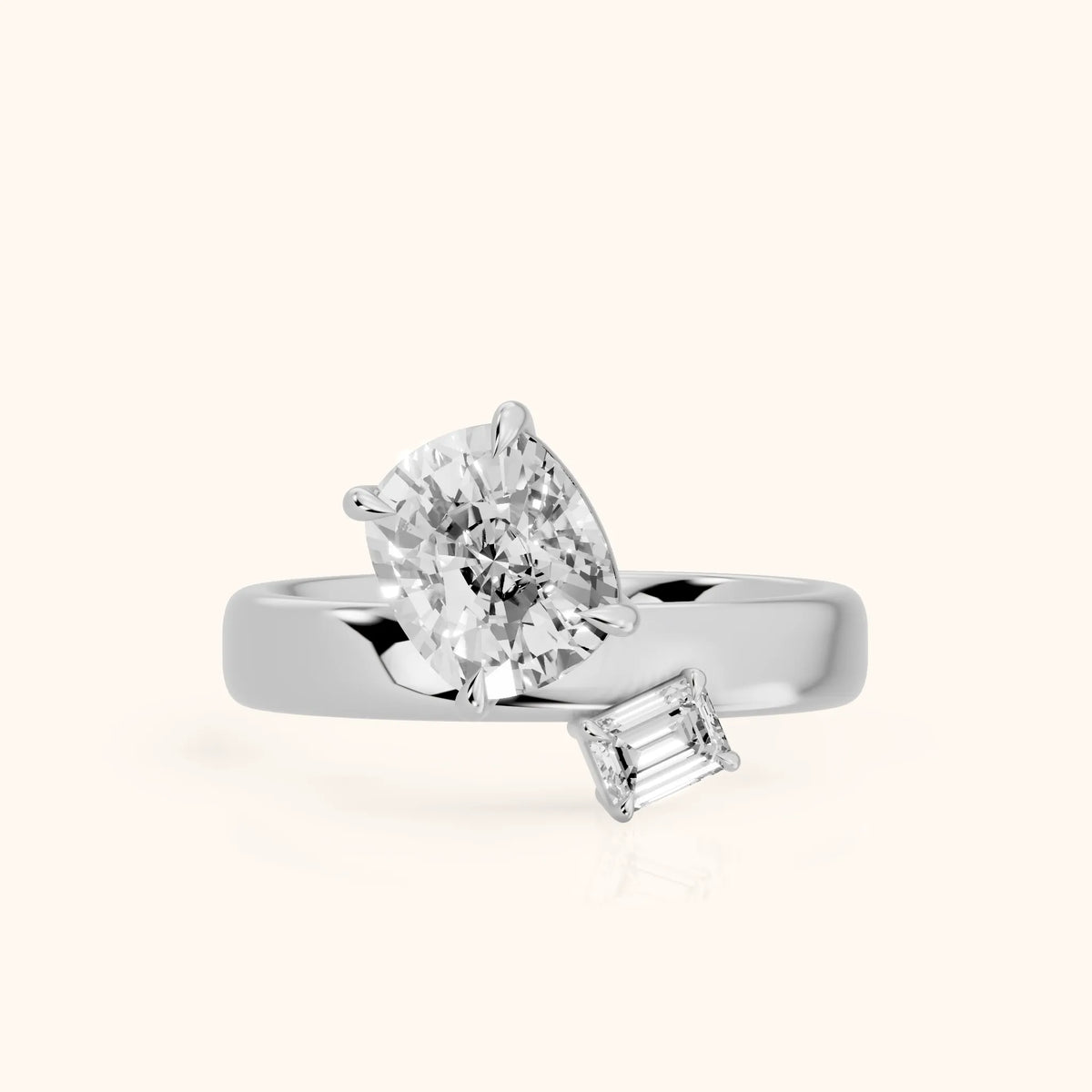 Sabrina Two-Stone Cushion & Emerald Diamond Engagement Ring in Silver - FrontView.webp
