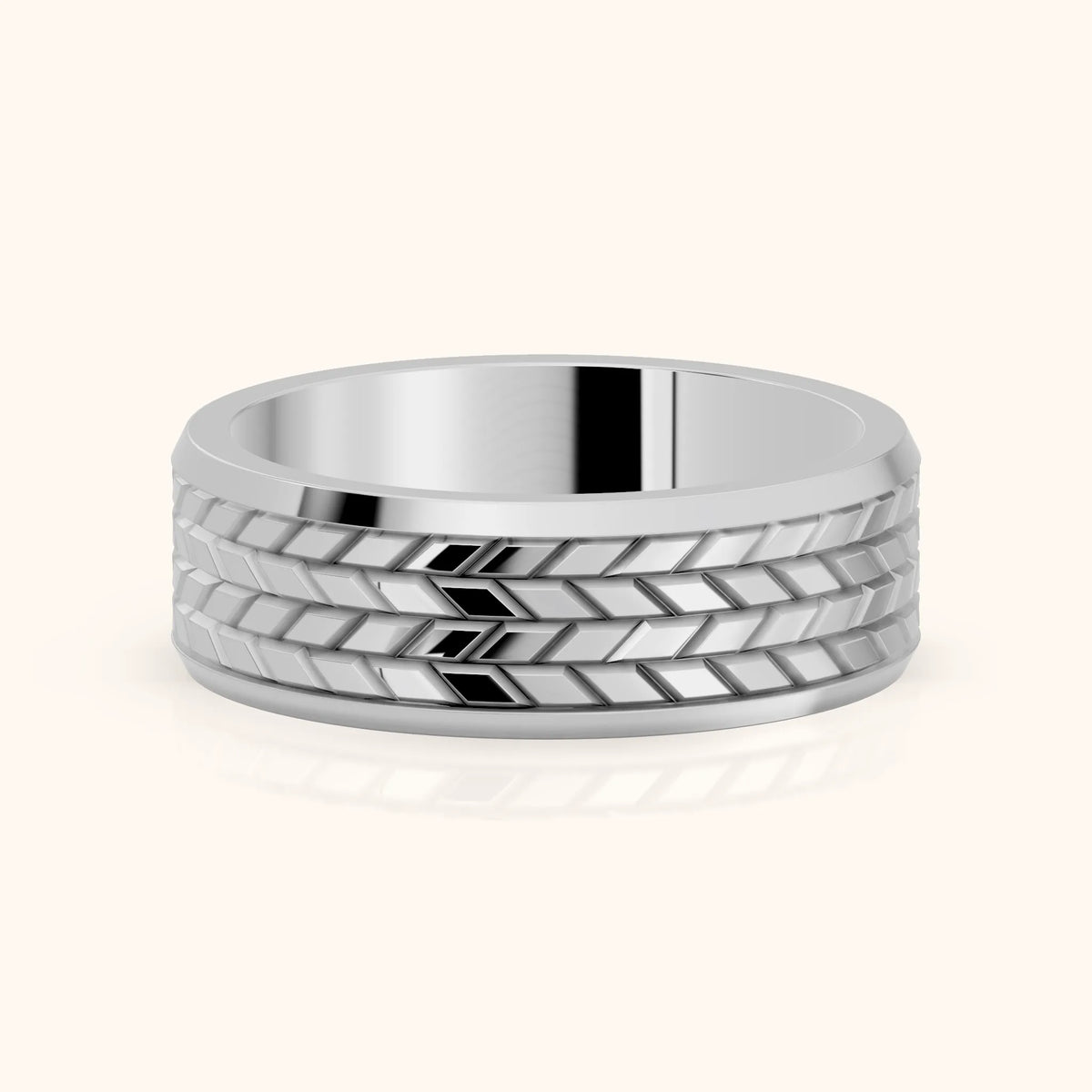 Yana Carved Step Edge Wedding Band in Silver - FrontView