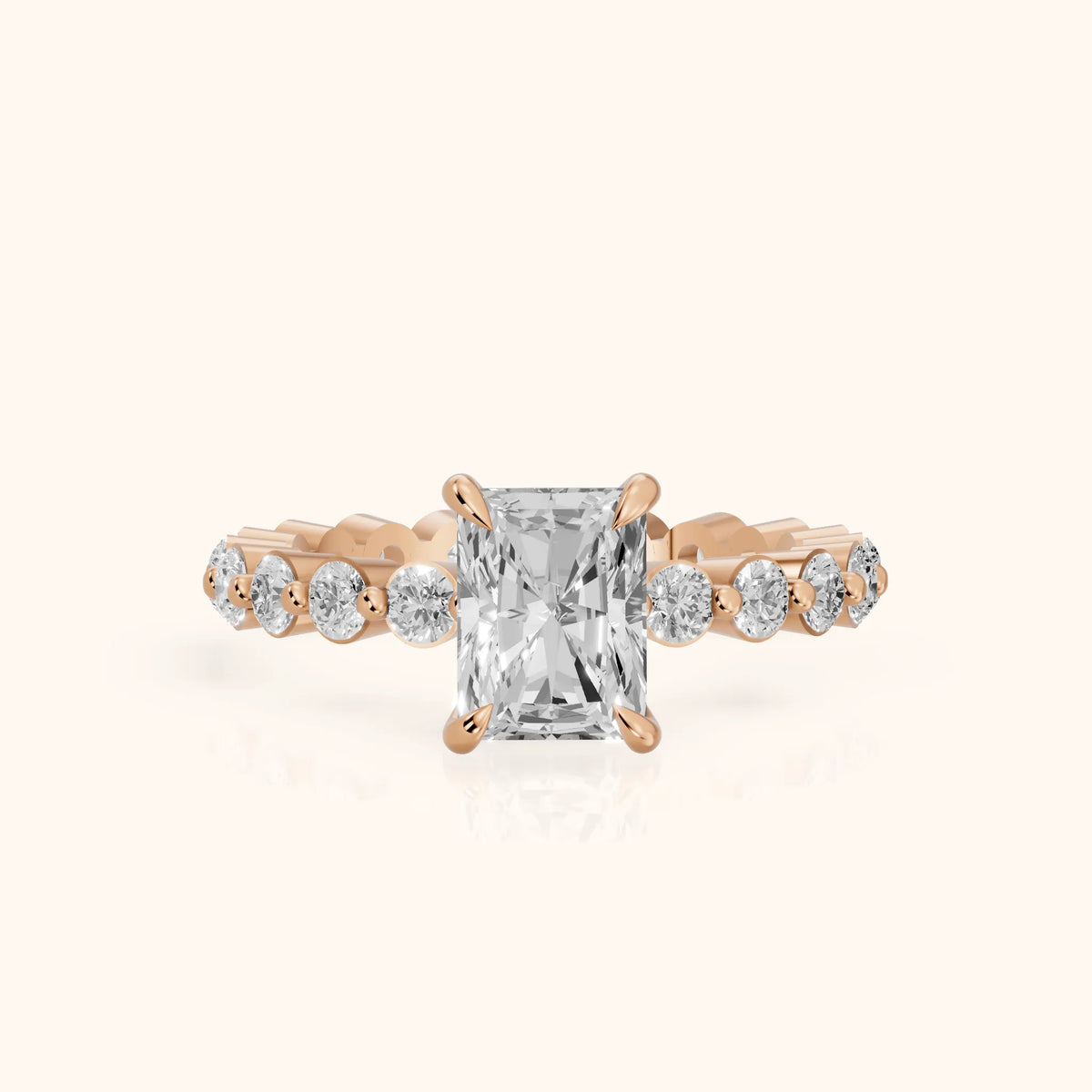 Piper Sidestone Radiant Diamond Engagement Ring in Rose Gold - FrontView.webp