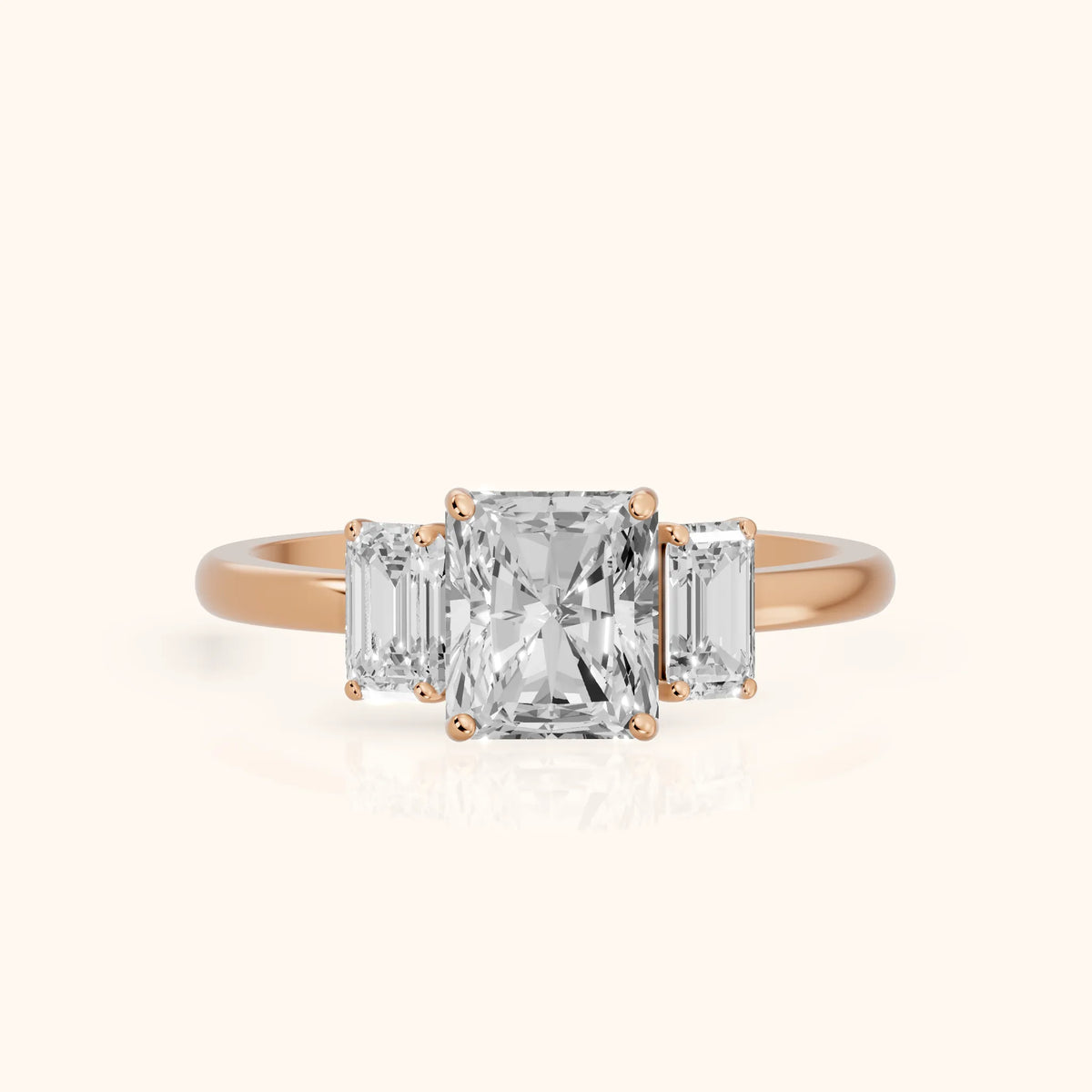 Marian Three-Stone Hidden Halo Radiant Diamond Engagement Ring in Rose Gold - FrontView.webp