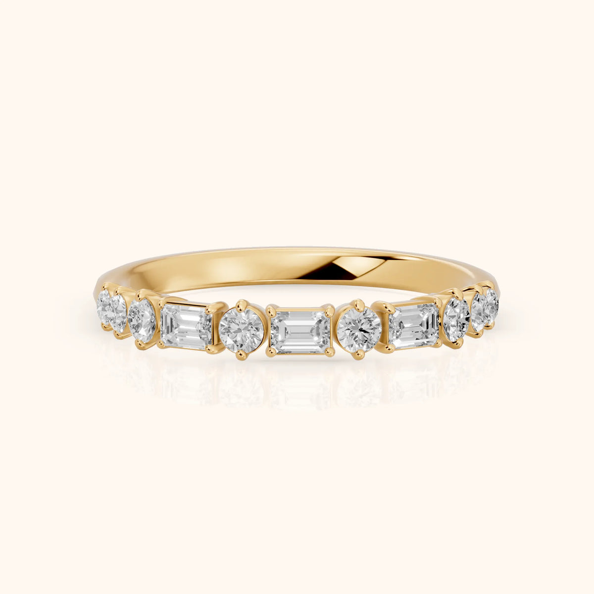 Charu Four Prong Emerald & Round Diamond Half Eternity Band in Yellow Gold - FrontView