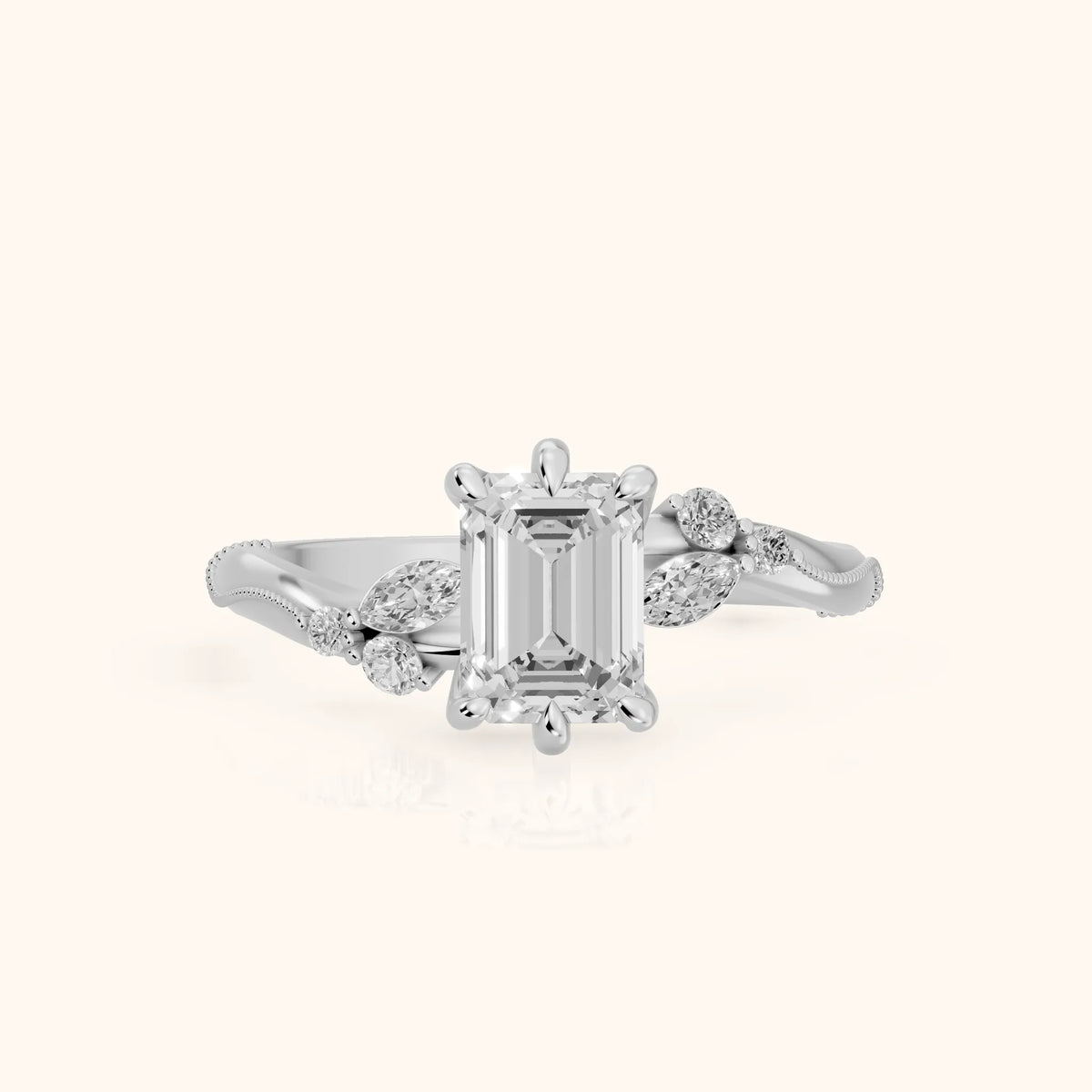 Joanna Milgrain Twist Emerald Diamond Engagement Ring in White Gold - FrontView.webp