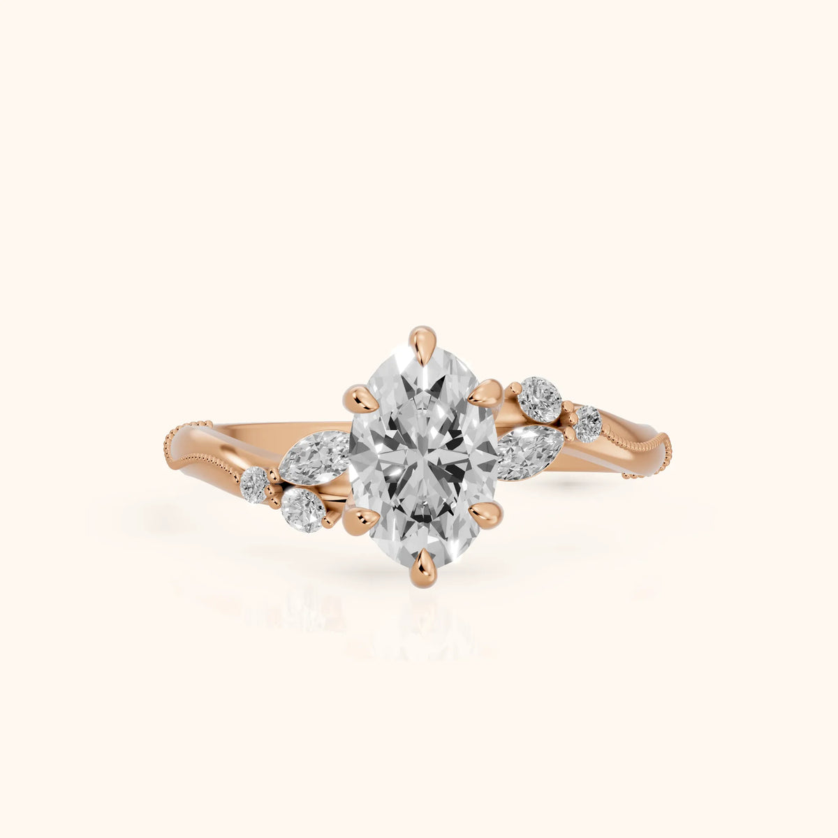 Joanna Milgrain Twist Oval Diamond Engagement Ring in Rose Gold - FrontView.webp