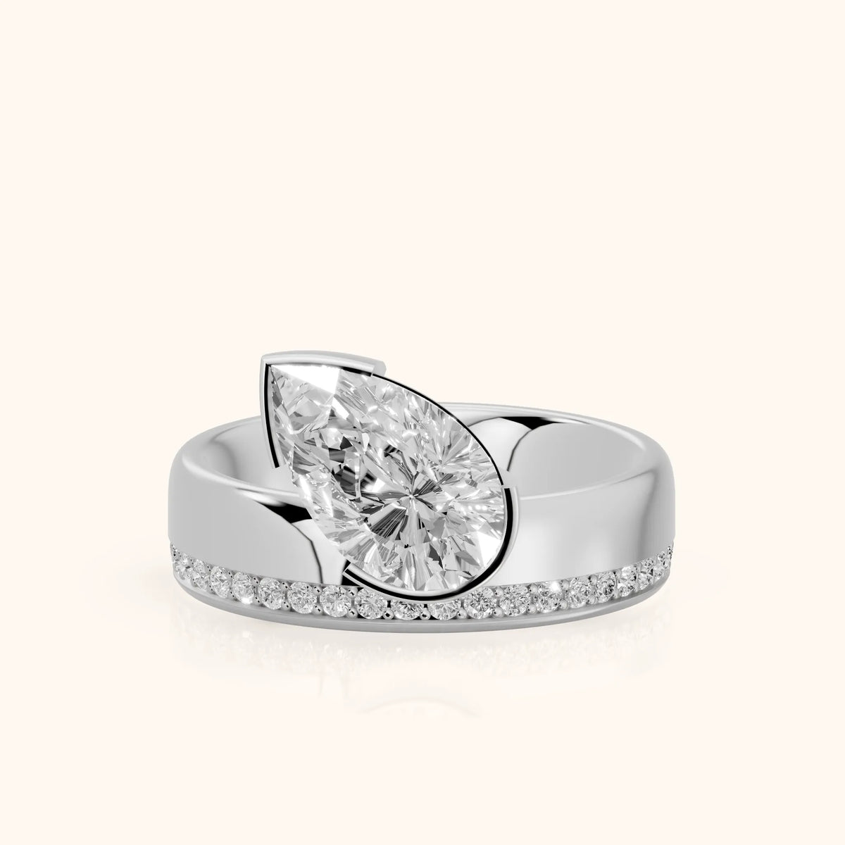 Summer Partial Bezel Pavé Pear Diamond Engagement Ring in Platinum - FrontView.webp