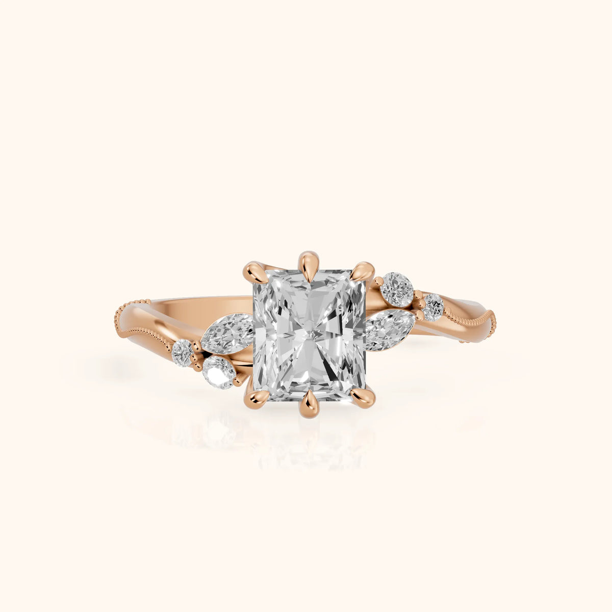 Joanna Milgrain Twist Radiant Diamond Engagement Ring in Rose Gold - FrontView.webp