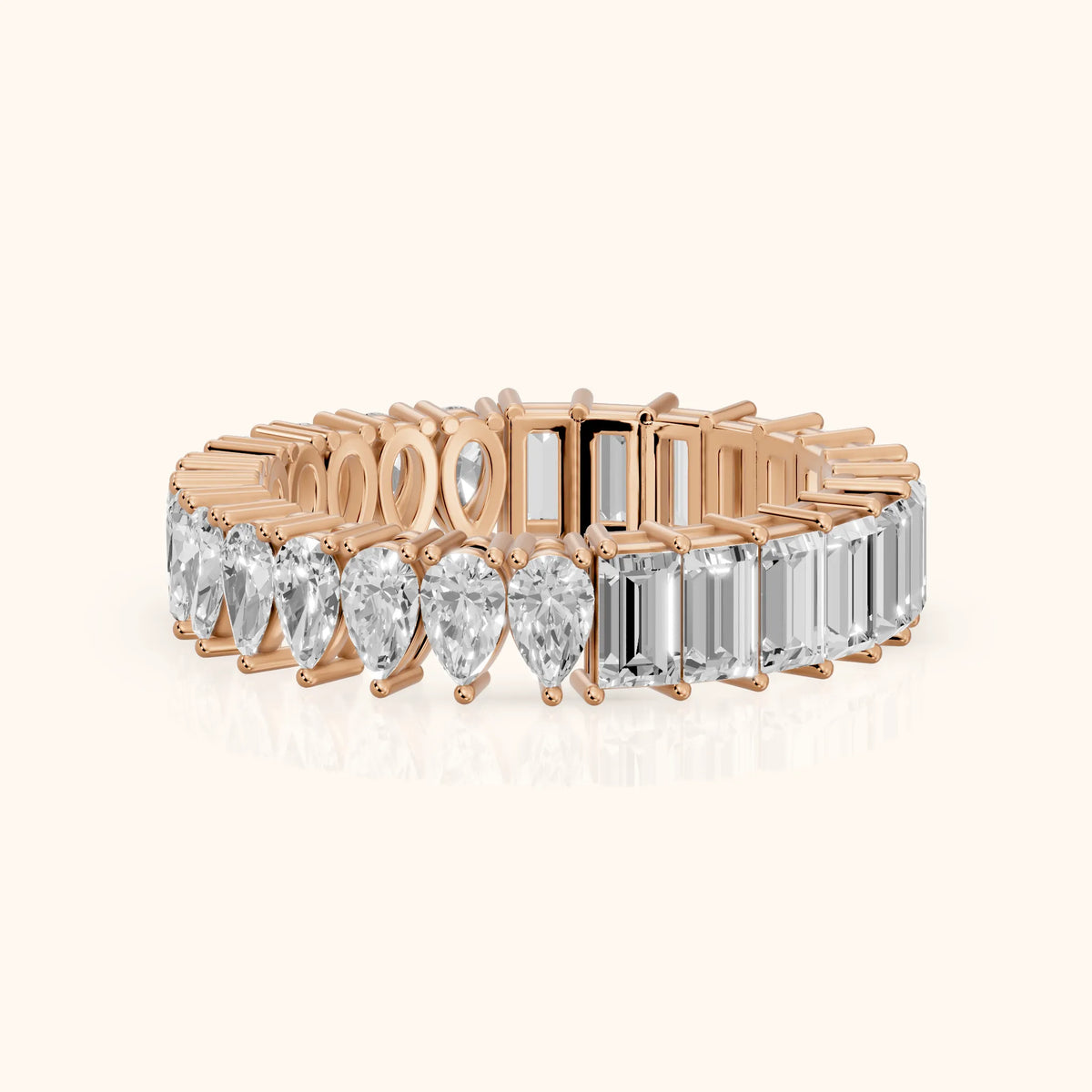 Nuria Shared Prong Pear & Baguette Diamond Eternity Band in Rose Gold - FrontView