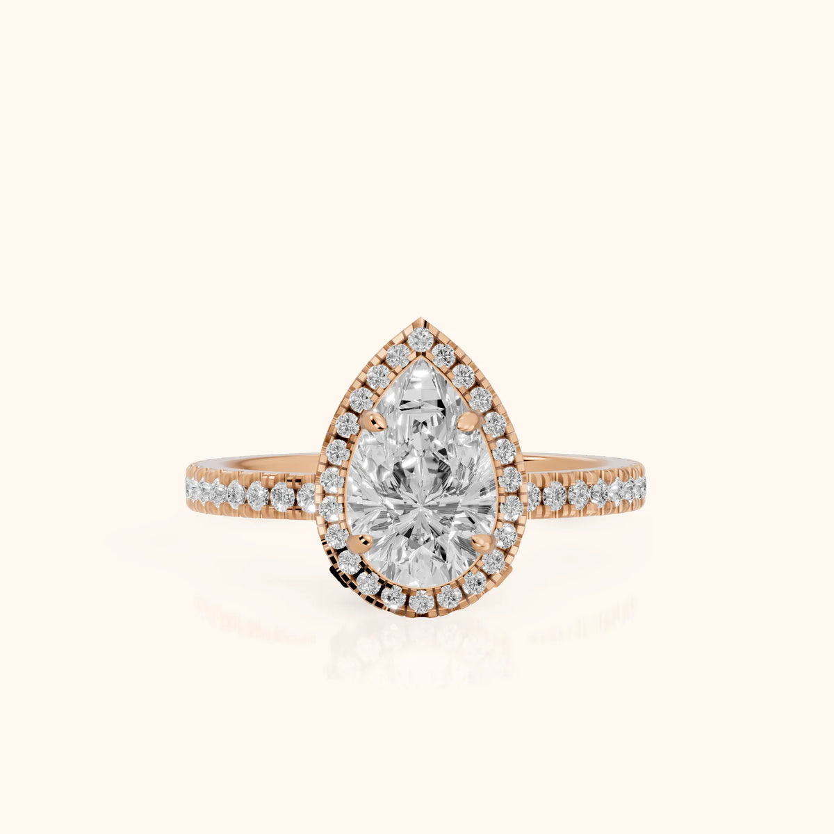 Rosemary Halo Pavé Pear Diamond Engagement Ring in Rose Gold - FrontView.webp
