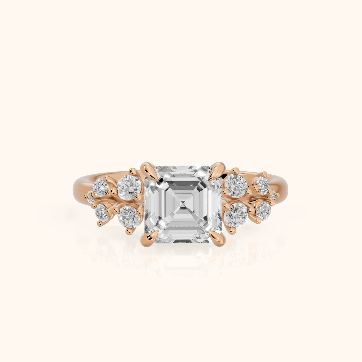 Mirabelle Cluster Asscher Diamond Engagement Ring in Rose Gold - FrontView.webp