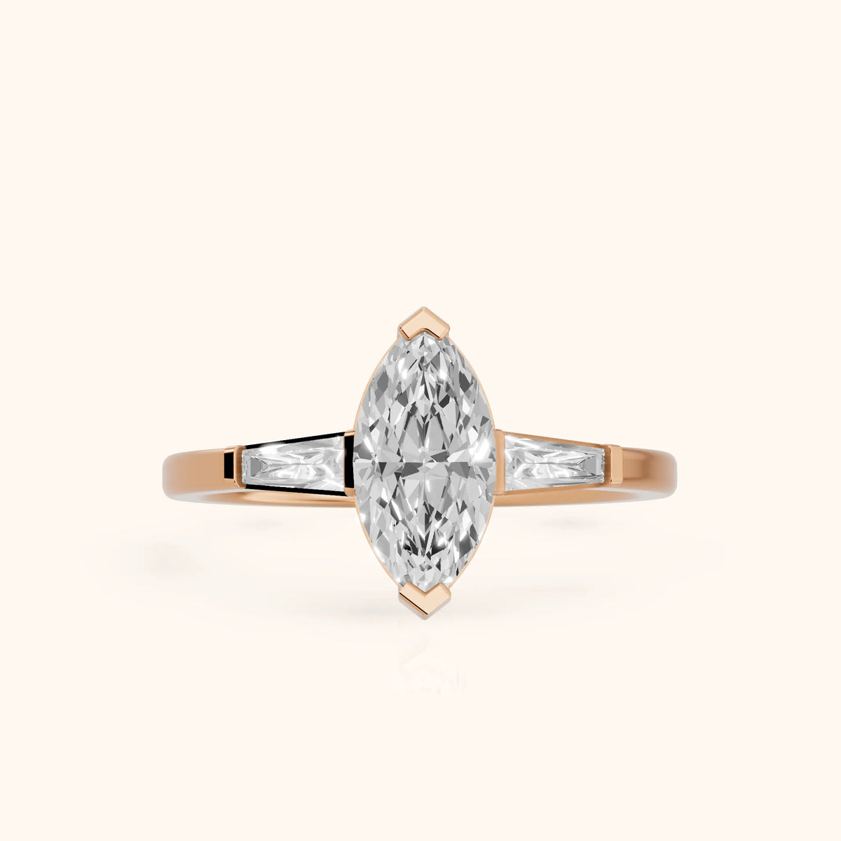 Winnie Three-Stone Marquise Diamond Engagement Ring in Rose Gold - FrontView.webp