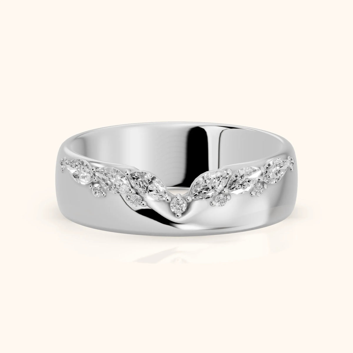 Ambika Dome Marquise & Round Diamond Wedding Band in White Gold - FrontView