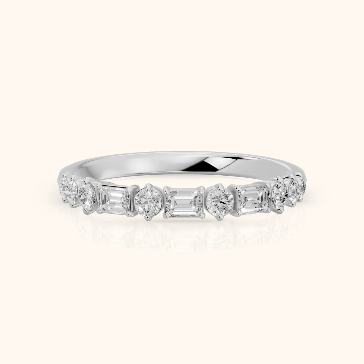 Charu Four Prong Emerald & Round Diamond Half Eternity Band in Silver - FrontView