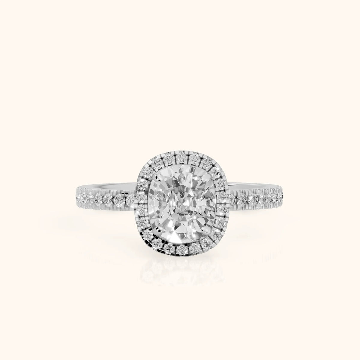 Rosemary Halo Pavé Cushion Diamond Engagement Ring in White Gold - FrontView.webp