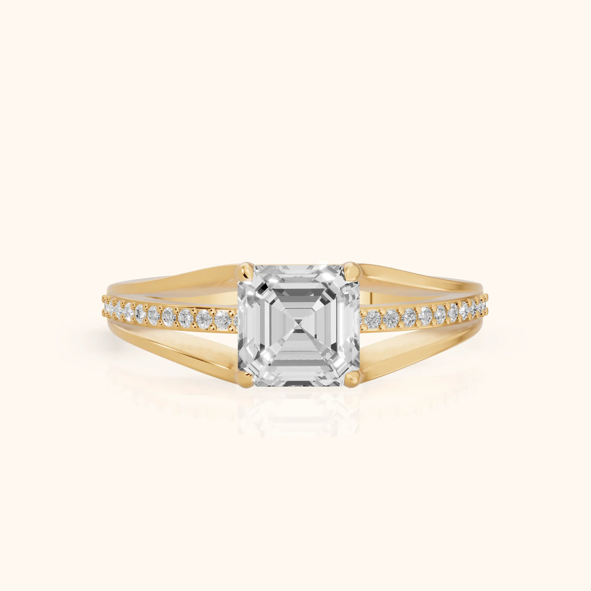 Lucinda Split Shank Asscher Diamond Engagement Ring in Yellow Gold - FrontView.webp