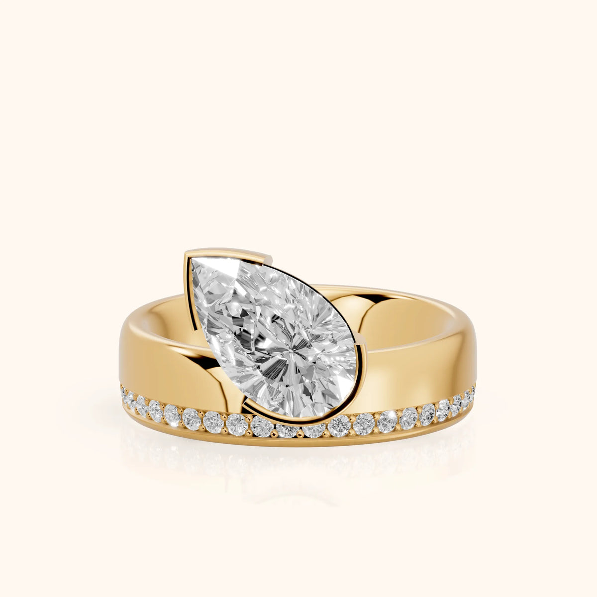 Summer Partial Bezel Pavé Pear Diamond Engagement Ring in Yellow Gold - FrontView.webp
