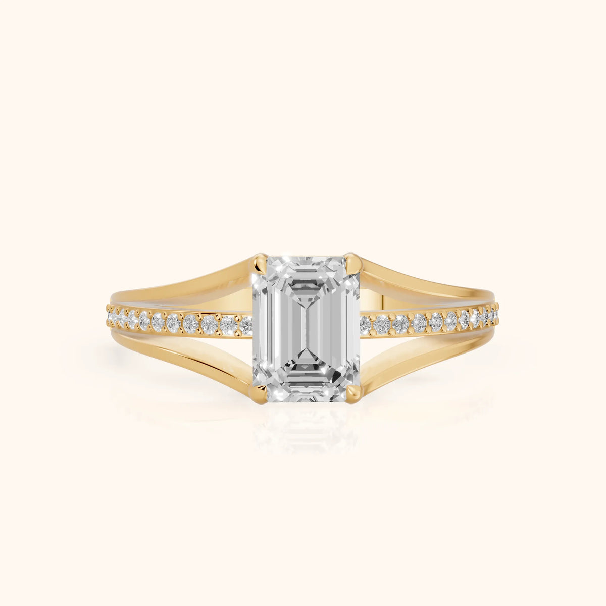 Lucinda Split Shank Emerald Diamond Engagement Ring in Yellow Gold - FrontView.webp