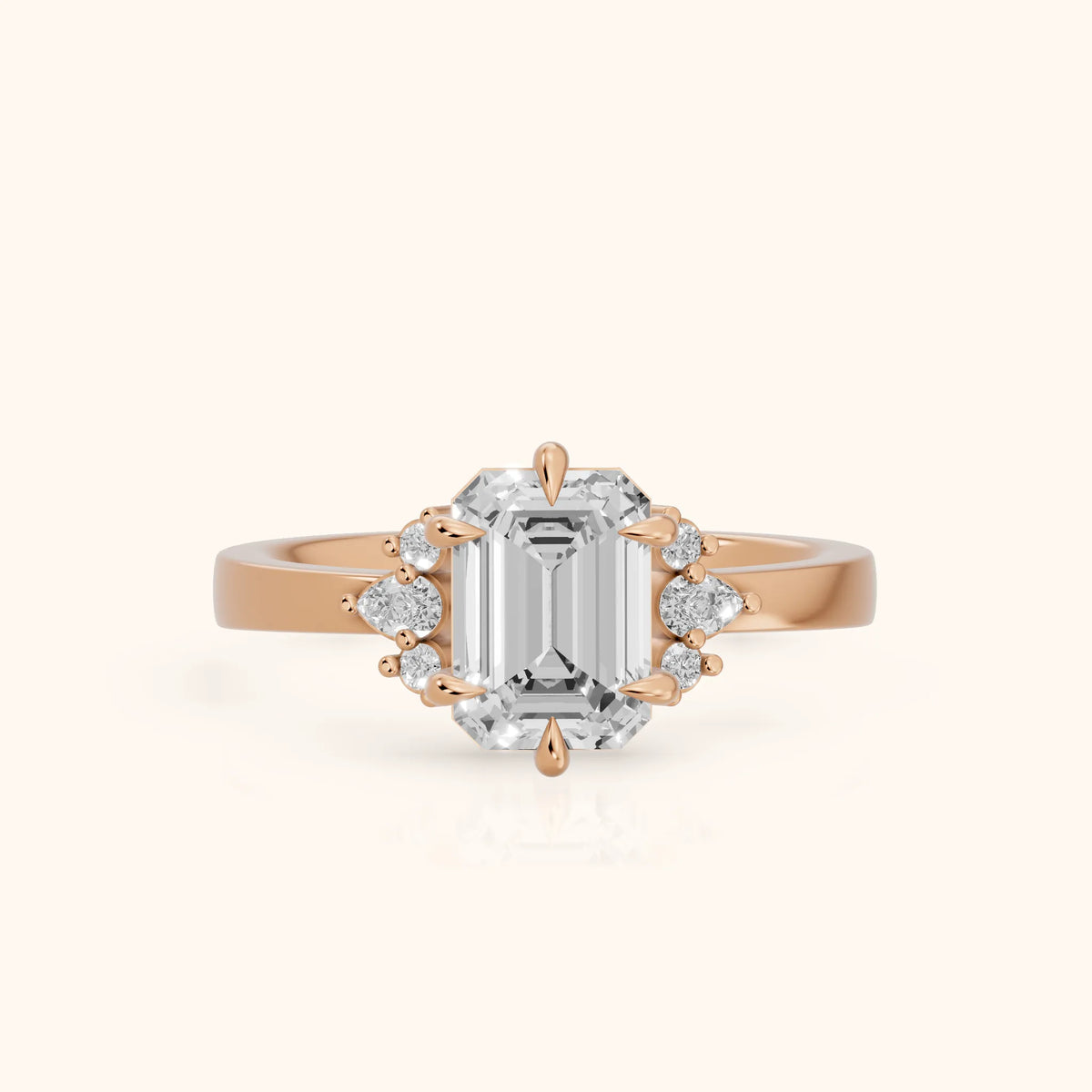 Josie Sidestone Emerald Diamond Engagement Ring in Rose Gold - FrontView.webp