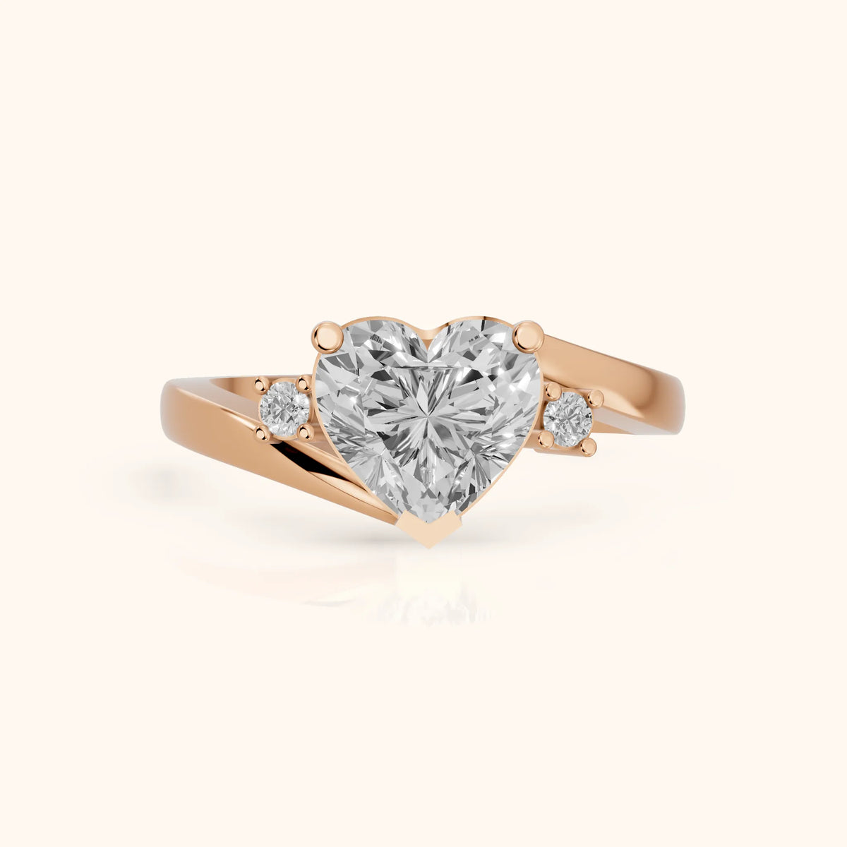 Gardenia Bypass Three-Stone Heart Diamond Engagement Ring in Rose Gold - FrontView.webp