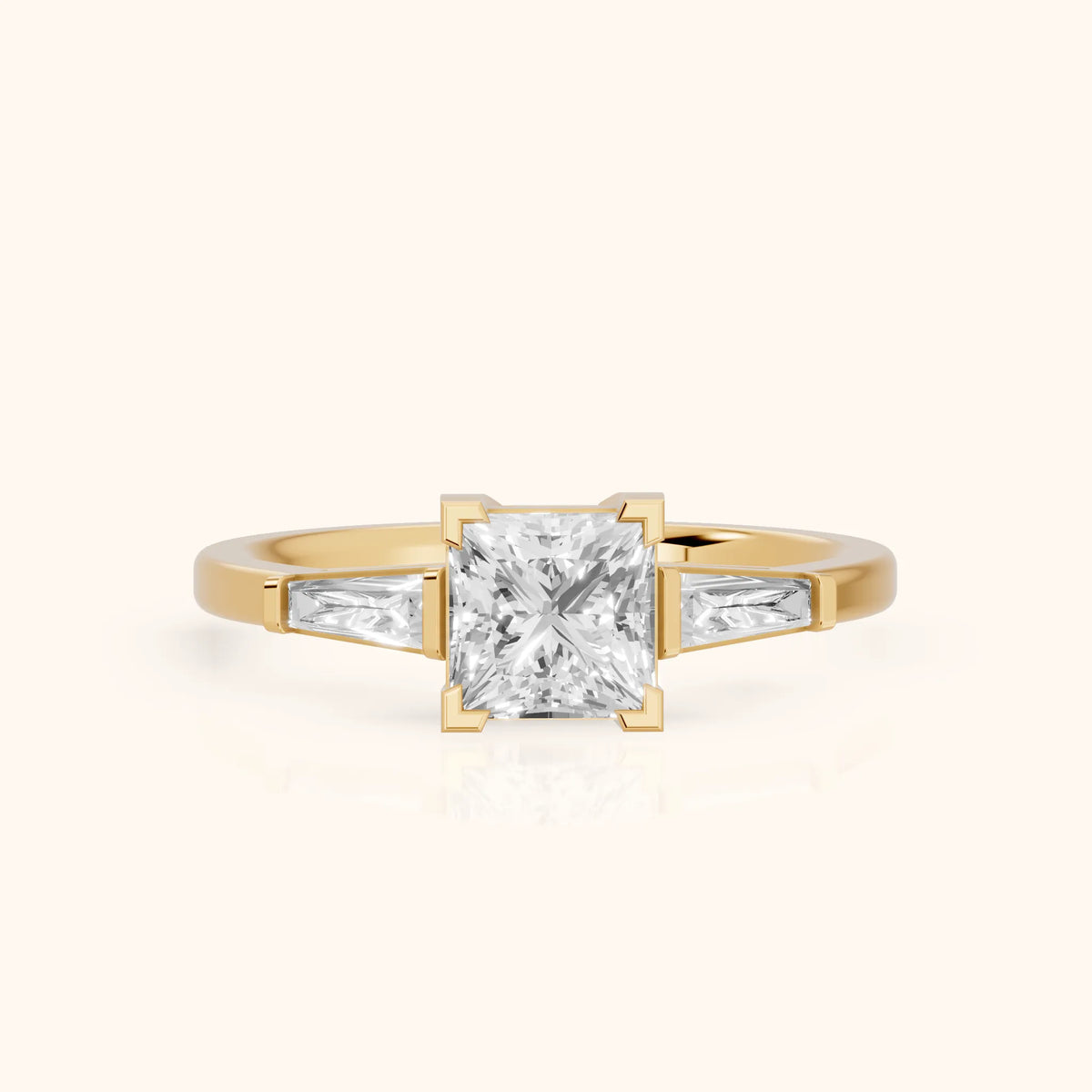 Winnie Three-Stone Princess Diamond Engagement Ring in Yellow Gold - FrontView.webp