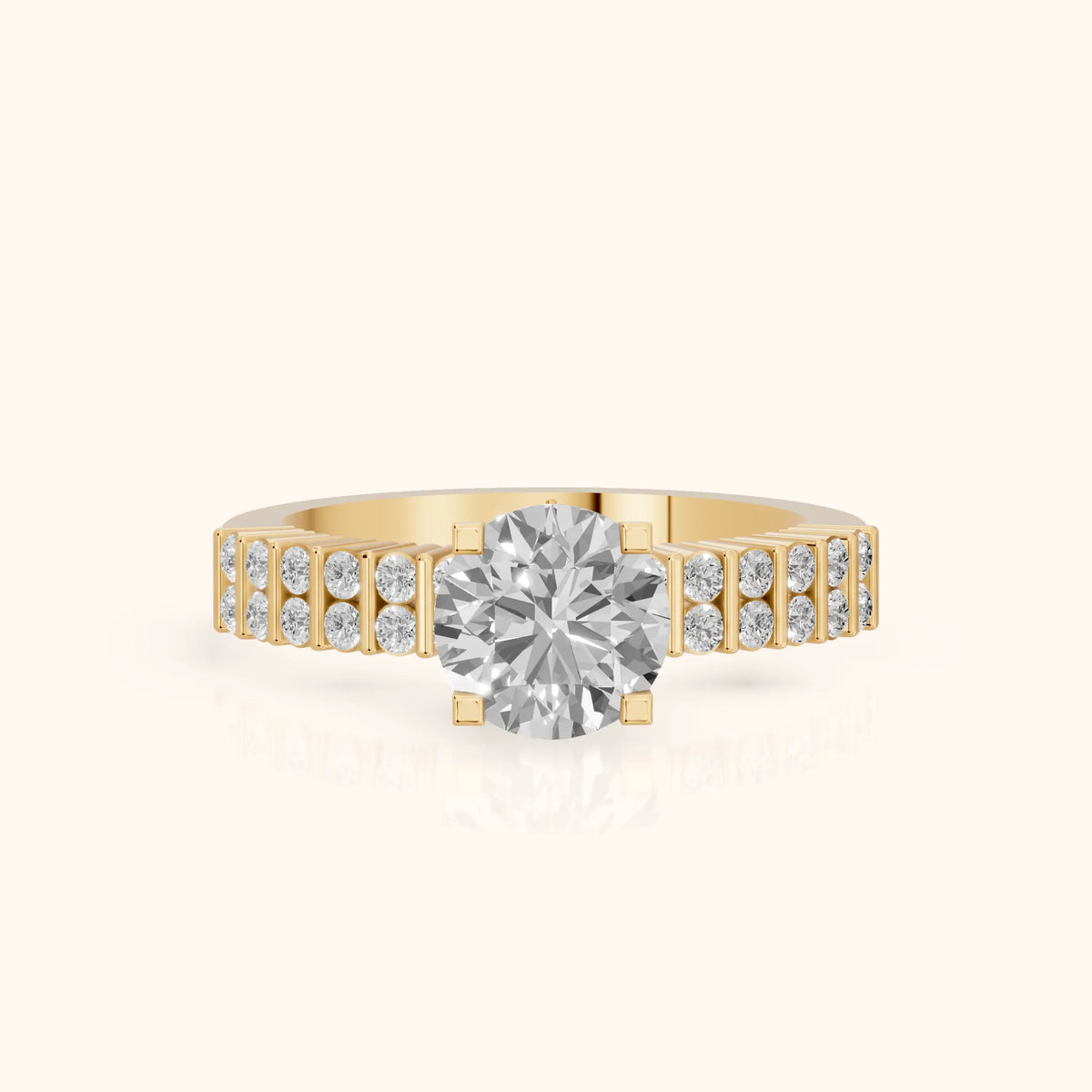 Honor Sidestone Round Diamond Engagement Ring in Yellow Gold - FrontView.webp