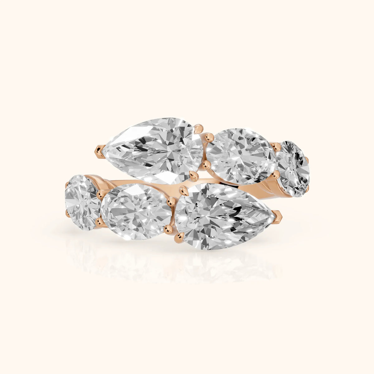 Ines Bypass Pear & Oval Diamond Anniversary Ring in Rose Gold - FrontView