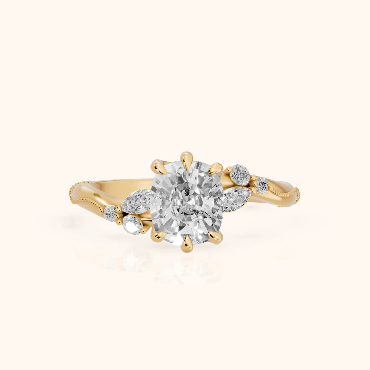 Joanna Milgrain Twist Cushion Diamond Engagement Ring in Yellow Gold - FrontView.webp