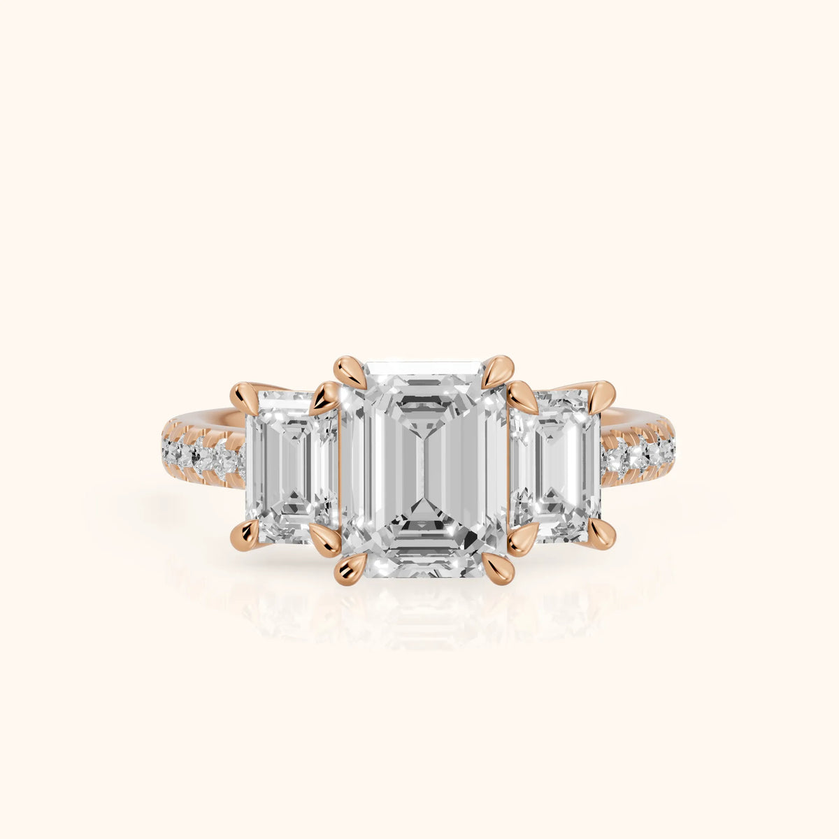 Gabrielle Three-Stone Pavé Emerald Diamond Engagement Ring in Rose Gold - FrontView.webp