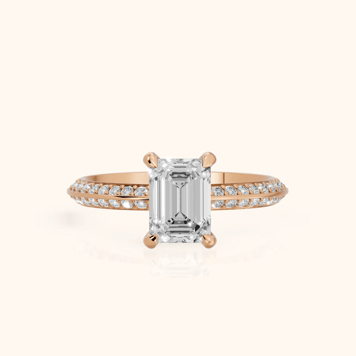 Meredith Knife Edge Pavé Emerald Diamond Engagement Ring in Rose Gold - FrontView.webp